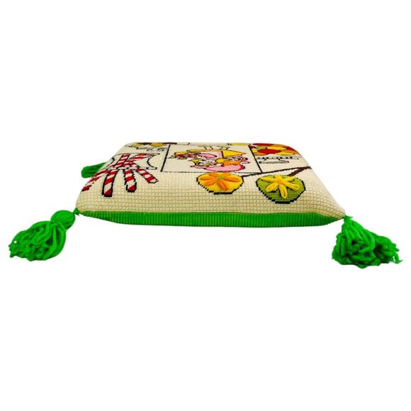 Vintage Needlepoint Throw Pillow Candy Jars Girl Tassels Sweets Kitschy 12" READ - Picture 6 of 16